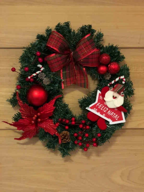 Guirlanda Feliz Natal Decoração Laço Flores Bola 45cm - Imagem 2