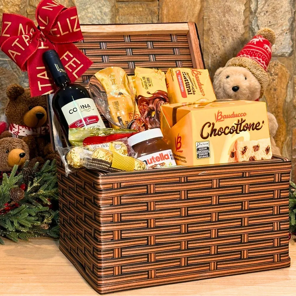 Cesta De Natal Caixa Grande Chocotone Bauducco Nutella Vinho
